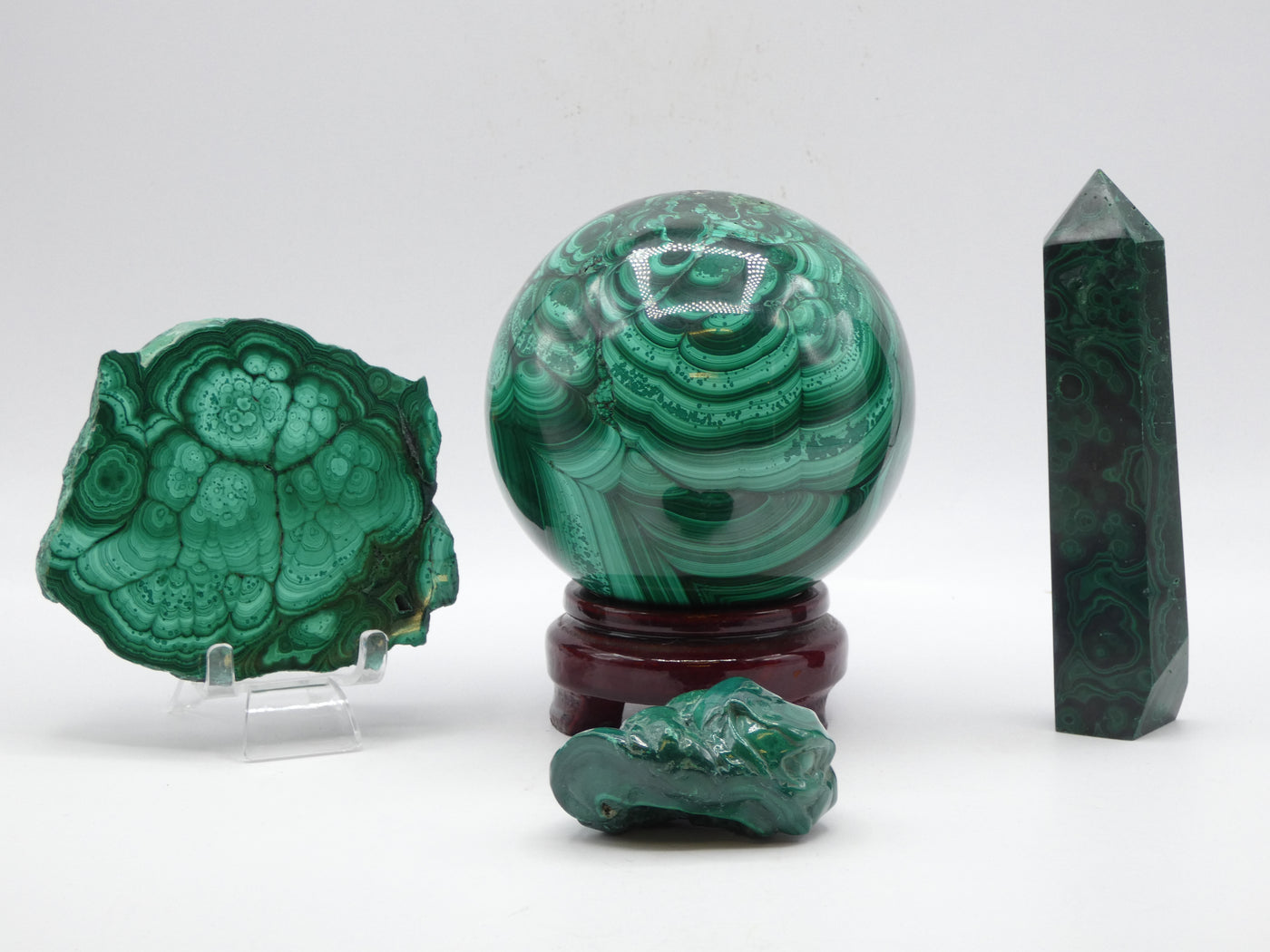 Malachite Tower, Sphere, and Cluster